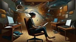 A digital painting in a surrealist style depicting a therapist using music as a tool for analysis during a therapy session, where abstract musical notes float around the room and merge with the client's emotions and thoughts. The therapist's expression is focused and thoughtful, as they carefully interpret the music's impact on the client's mental state and well-being