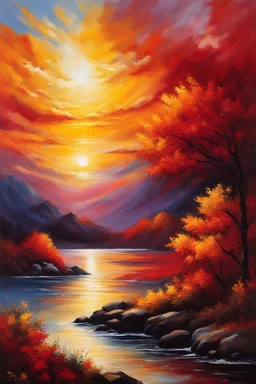 In hues of gold and crimson blaze, A masterpiece of skies ablaze, The sun's embrace, a tender kiss, On canvas, lives forever bliss. Vibrant strokes, alive with grace, Oil-painted dreams, a sacred space, As nature's lyric, love's duet, A beautiful sunset, we shall not forget.