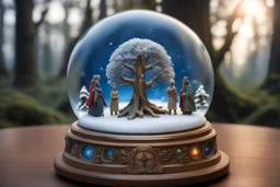 снежный шар, ось мира, Вокруг основания дерева можно разместить миниатюрные фигурки, символизирующие различные миры или слои реальности (например, мир богов, мир людей, мир духов). Каждый мир может быть выполнен в своем стиле и цвете. На основании шара можно разместить компас или символы, обозначающие стороны света. Каждая сторона света может быть связана с определенным элементом (огонь, вода, земля, воздух).