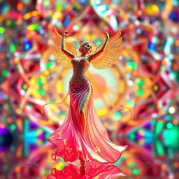 A goddess of love in a cleric dress dances in a vibrant, vibrating, color-rich 3D environment of metallic and crystal recursive geometric structures and an evolving ,Creative 3d fractal art, blurred bokeh effect,