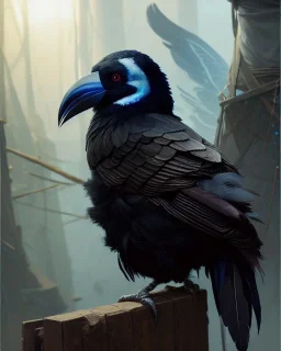 "black beak and feathers, mysterious Kenku male, humanoid bird, full-scale head and shoulders portrait, 8k resolution concept art portrait by Greg Rutkowski, Artgerm, WLOP, Alphonse Mucha dynamic lighting hyperdetailed intricately detailed Splash art trending on Artstation triadic colors Unreal Engine 5 volumetric lighting Splash art fantasy"