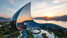 A futuristic skyscraper designed with sweeping gaussian curves, where the entire façade is made of reflective glass. The building rises gracefully toward the sky, with its symmetrical hyperbolic arc creating a sense of balance and elegance. Surrounding the structure are lush gardens and flowing water features that mirror the curves of the building. There are mountains in the distance. Beautiful lighting at sunrise. Award-winning photograph.