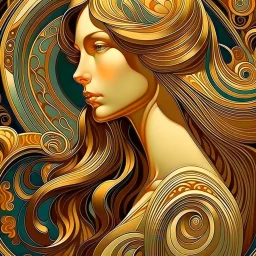 Painting of a woman with long hair, 3D curves and swirls in art deco style, hyperrealistic art deco gold mocha style 4k, art nouveau beauty woman, art deco painting, art nouveau style, art deco style, Elegant art nouveau style, exquisite digital illustration, modern art nouveau, art deco illustration, intricate art deco patterns