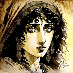 Beautiful Egyptian gypsy with big brown eyes, Subdued lighting. Muted color palette. Modifiers: elegant intricate very attractive beautiful award winning fantastic view hyperrealistic ultra detailed high definition matte background watercolor Arthur Rackham Gustav Klimt pen and ink Johannes Vermeer Aubrey Beardsley