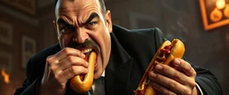 mean looking mafia thug with mustache eating a two hot dogs while fighting