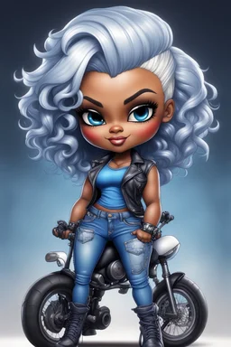 create an airbrush illustration of a chibi cartoon voluptuous black female wearing a blue jean outfit with biker boots. Prominent make up with hazel eyes. Extremely highly detail of a very low platinum blonde pixie haircut. Background of a bike show.