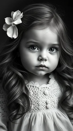 A stunningly lifelike portrait captures the essence of an elegant baby girl features delicate and captivating. ,the image is a highly detailed, monochromatic masterpiece. Every strand of her flowing hair, each contour of her face, is depicted with breathtaking precision. The contrast of light and shadow, the intricate textures of fabric and skin, all combine to create a portrait so realistic, it almost appears to breathe. This work