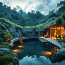 Award-winning Ultra realistic architectural photography of an award-winning eco-luxury underground home completely integrated into the surrounding landscape, living green roof, expansive frameless glass walls, sustainable contemporary architecture, tranquil reflecting pools, magical golden sunrise lighting, captured with professional DSLR camera, Architectural Digest style, ultra detailed, masterpiece,, 64 k