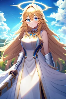 girl, masterpiece, best quality, cinematic lighting, detailed outfit, vibrant colors, perfect eyes, blue eyes, long hair, golden hair, messy hair, hair between eyes, depth of field, ray tracing, halo, outdoors, clouds, sun, light rays, god rays, lens flare, white wings, armored dress,