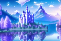 fairy big white gold castle with white trees, water background, purple mountainmany stars in blue sky with fairy