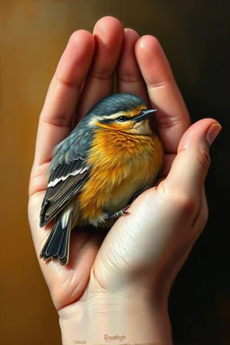 Bosch paint style in oil painting style of a bird peacefully sleeping in an open hands , The bird fathers harmonizes with the scene, that blend with the warmth of the hands , contrasting with natural hands skin