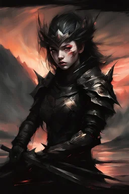 A formidable warrior girl in black armor, against the background of an amazing gloomy landscape flooded with sunset, mountains, trees, a fabulous scary hero, juicy emotions, painting, gloomy fantasy, gloomy day, dark world, portrait, oil and graphite, wide strokes, a weaving frame around, by Ryohei Hase, Agnes Cecile, Raymond Swanland, Anne Bachelier