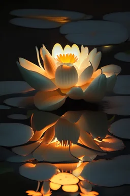 Glowing orange and white lily pad flower at night