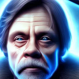 upper body photorealistic jedi mark hamill in Star Wars, sharp blue eyes, photorealistic weathered skin, jedi robe, cinematic lighting, intricate