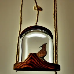 wooden bird in a hanging bell jar, caustic reflections, symmetrical, frosted glass, glossy from rain, warm lighting