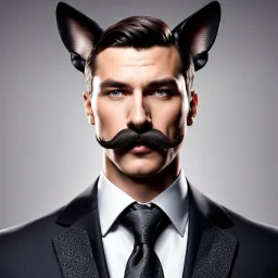 Hombre con bigote traje y corbata, con orejas de perro,calidad ultra, hiperdetallado