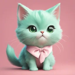 A charming digital art piece showcasing the cuteness of a mint-colored cartoon cat, set against a soft and inviting pink background, (charming digital art:1.4), (cute cartoon cat:1.5), (soft and inviting pink:1.3), (expressive mint hues:1.2), drawing inspiration from the styles of cute and whimsical illustrators, trending on CGSociety, Intricate, Sharp focus, warm lighting, (captivating:1.4), (playful details:1.5), (lush fur details:1.3), Cartoon, Masterful, Captivating, Photorealistic, Ultra-de