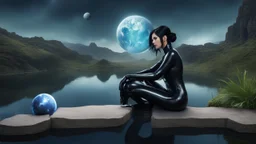 fantasy photo of a woman with black hair, sitting on a ledge over a pond, wearing an android-looking catsuit, sideways, with a planet behind her head