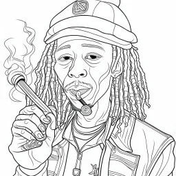 Coloring page for toodlers, with a cute rastaman smoking joint, very Bold outlines and white background, anime style, minimal number of elements, very simple