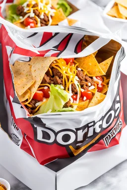 "Taco in a Bag" which consists of an open Doritos chip bag with sides rolled down, containing Doritos chips and cooked ground beef and lettuce and shredded cheese and chopped tomato pepper and onions and topped with more nacho chips, plastic fork, food blogger photography