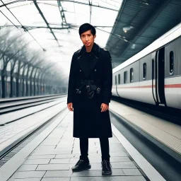 A young Asian man with long hair and a black trench coat waiting for a woman at a train station in Tokyo