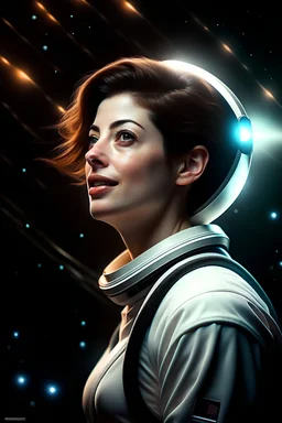 Digital art, high quality, digital masterpiece, natural illumination, spotlight, sun contrast, scifi illumination, digital portrait, realistic, action film style, magazine style, (upper body:1.8), (Anne Hathaway wearing white science fiction astronaut costume, looking at left:2.5), subtlety smile, sexy eyes, eyelashes, (young beautiful face:1.8), (European plaza at background:1.5)