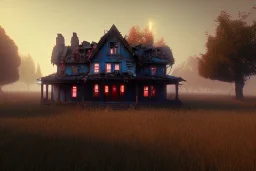 farmhouse, a quiet place movie , run down, residental homes , night time, destroyed buildings , unity, scriptable render pipeline , red tone , volumetric , blue emission , faded fog , lighting.