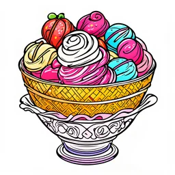 create a coloring book page of ice cream in a bowl , high contrast, easy to color, bold outline, white background