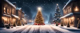 Hyper Realistic Christmas Celebrations In A Street at Snowfall Night with a Big Christmas Tree & garland Lights