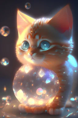 A cute adorable baby ginger cat made of crystal ball with low poly eye's surrounded by glowing aura, flamming sparkles highly detailed intricated concept art trending artstation 8k