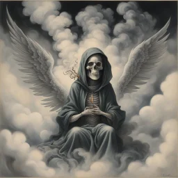 women sitting Her face turned upwards and blows cigarette smoke from their mouth. It depicts a figure with wings emerging from its back. a hooded skeleton can be seen behind the clouds of smoke.