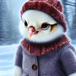 hyper realistic cute baby chick wearing winter cloths and woolen cap serious expression, highly detailed