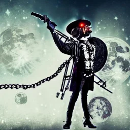 cyborg one man band, full moon background center large, steampunk style, horizontal image, 3d, hd