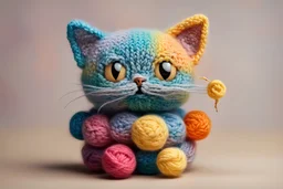 cute chibi knitted cat in colourful, soft cotton yarn balls in sunshine Weight:1 surrealism Salvador Dali matte background melting oil on canvas Weight:0.9