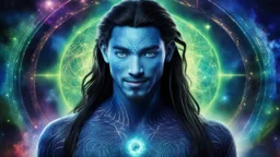 beautiful gorgeous young man na'vi with long hair, Avatar, blue skin, two small ears, green eyes, black hair, in cosmic suit, galactic ambiance, medium pointy goatee , smiling, nebulas and sacred geometry light figures on the backgroud,