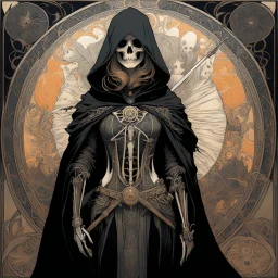 [art by Alphonse Mucha] feature two central characters: a skeletal, death-like figure wearing a dark, hooded cloak, armed with swords, and adorned with intricate mechanical designs, and a pale, ghostly woman with flowing hair, wearing a tattered garment, who appears frightened or desperate. Ensure both characters are prominent and interact within the composition, capturing the contrast between the menacing, skeletal figure and the ethereal, ghostly woman.