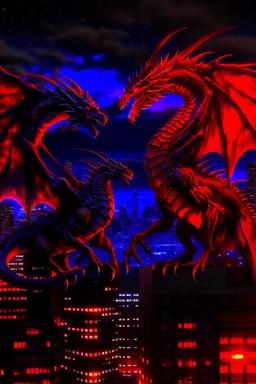 black dragon and red dragon facing each other on top of a high rise building at night