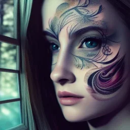 full face tattoo of an open window and forest view covers entire face and skin, 8k resolution, high-quality, fine-detail, intricate, digital art, detailed matte, volumetric lighting, illustration, octane render,