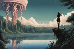 A skinny woman with a Cleopatra hairstyle, short skirt, and knee-high boots, looking out over a lake, in an alien forest, with tall cloud trees, flying Portuguese men of war with octopus tentacles