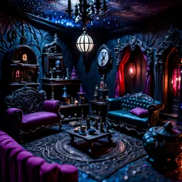 Detailed creepy living-room made of modeling clay, haunted, very accentuated details, Tim Burton, strong texture, extreme detail, Max Ernst, decal, rich moody colors, sparkles, bokeh, odd