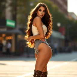 Create an ultra-realistic cinematic 8K fullbody of lady mode skin texture, add makeup,pretty boots,curvy long hair. Style: fashion editorial, confident standing pose. Lighting: warm golden hour sunlight, soft rim light. Background: softly blurred urban bokeh. Camera look: shallow depth of field, film grain, cinematic color grade. Outfit: keep similar to the original or elevate slightly with premium casual style.