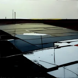 Minimal contemporary abstract oil paintings desolate 1960s carpark concrete fragments at dusk sunset. In the style of Justin Mortimer and Francis Bacon. road markings.