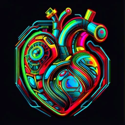 FLAT VECTOR LAYERED 2-D MULTICOLORED COMPLIMENTARY NEON MECHANICAL HUMAN HEART, METALLIC,