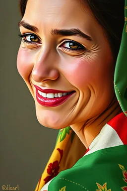 Palestinian woman with a beautiful face, turning her face slightly to the right, with a beautiful smile, and her mouth closed, not showing her teeth, she looks drawn with oil paints