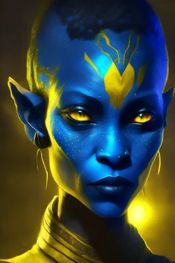 Night time, portrait, Na'vi with a short hair, Avatar, blue skin, two ears, yellow eyes, black hair, african clothes, alien, pandora, red mark on the face