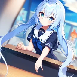 Clear focus, High resolution, long fluffy light blue hair, hair between eyes, long locks, wearing a sailor uniform, wearing a sailor skirt, long black socks, 1girl, cartoon, cute, UNFOTABLE studio