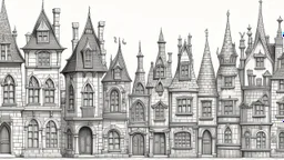 A highly detailed front elevation line drawing of a row of crooked fantasy houses, with twisted tall chimneys, rooms and floors added to sides and roofs, like Harry Potter's Diagon Alley.