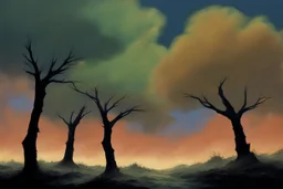 Trees, night, clouds, 2000's sci-fi movies influence, rodolphe wytsman impressionism painting