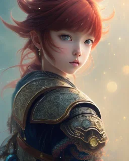 Detailed anime child girl, red hair, dragon scale armour, intricate details, full body portrait, keep head in frame, slight smile, black Japanese motif, concept art, highly detailed, digital painting, concept art, sharp focus, illustration, art by Yoji Shinkawa, WLOP and greg rutkowski and alphonse mucha and artgerm and yanjun Chen and Junji ito and Makoto Shinkai, HDR, octane render, dark background