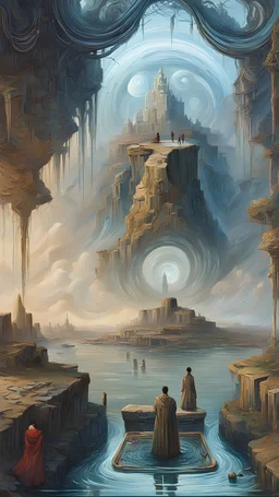 oil painting, flooded city, some small islands visible in the distance and there is a single human on each of them, seeing everything from a tall cliff